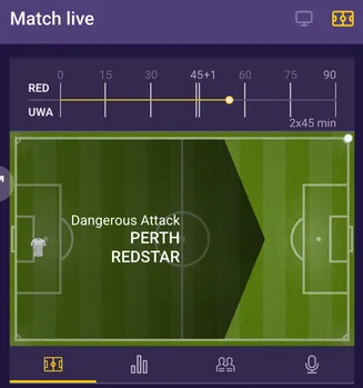 Live football match tracker showing Perth RedStar in a dangerous attack against UWA, match time 60th minute